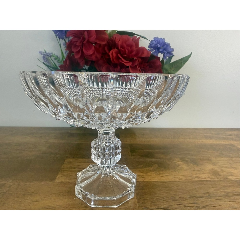 Vintage Glass Pedestal‎ Compote Bowl Clear Geometric Panel Starburst Centrepiece